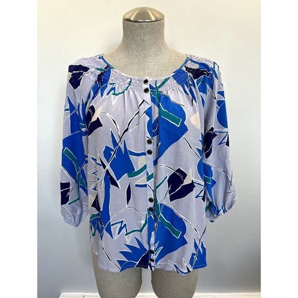 Yumi Kim Floral Smocked Blouse in Gray/Blue Size S - Picture 1 of 5
